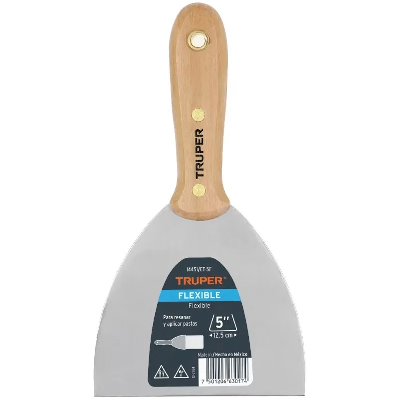Espatula Flexible 5" Mango de Madera, acero alto carbono, Hoja Desbastada y Templada, ET-5F 14451 Truper