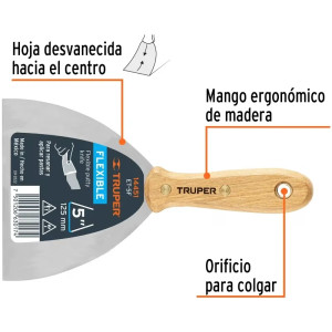 Espatula Flexible 5" Mango de Madera, acero alto carbono, Hoja Desbastada y Templada, ET-5F 14451 Truper