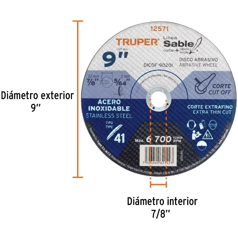 Discos Corte Metal 9" x2mm Inox T41 Oxido Aluminio, ABT-878 12571 Truper