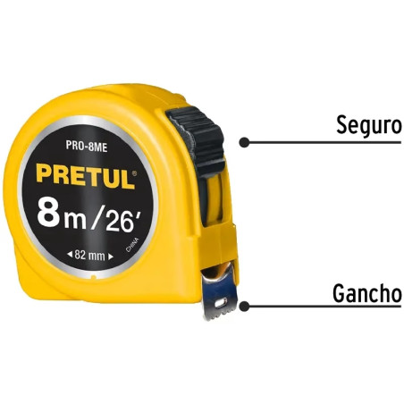 Wincha Flexometro Amarillo 8 Metros, carcasa ABS, PRO-8MEB 21603 Pretul