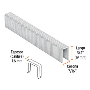 Grapas Corona 7/16" Calibre 16 L19mm Engrapadora Neumatica C1000u Truper 13320