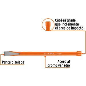Cincel Plano 12" Cuña 3/4", Acero al cromo Vanadio, Cabeza grande, C-3/4X12 12148 Truper