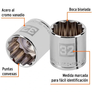 Dados 32mm E1/2 Poligonales CrVanadio, Truper 13545