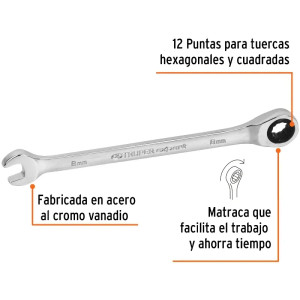 Llave Boca Mixta Ratchet 8mm ACrVanadio Truper 15742