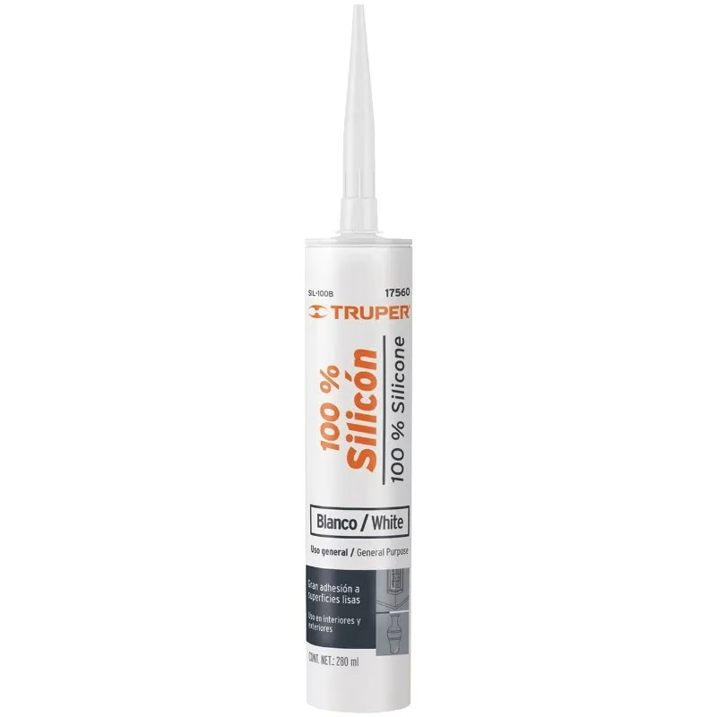 Silicona al 100%, 280ml Blanco, Interior y exterior, para vidrios aluminio ceramica etc, SIL-100B 17560 Truper