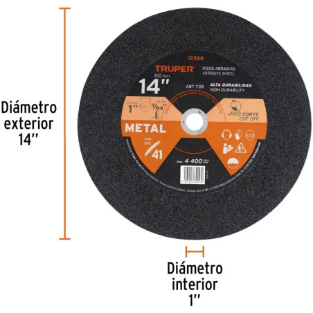 Discos Corte Metal 14" 355.6x2.8mm C1" T41 OxidoAlumino, ABT-739 Truper 12568