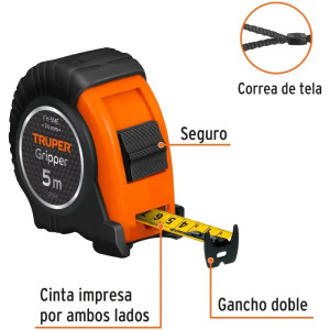 Wincha Flexometro Griper 5M con TPR, cinta medicion ambos lados, carcasa ABS, FH-5ME 15388 Truper