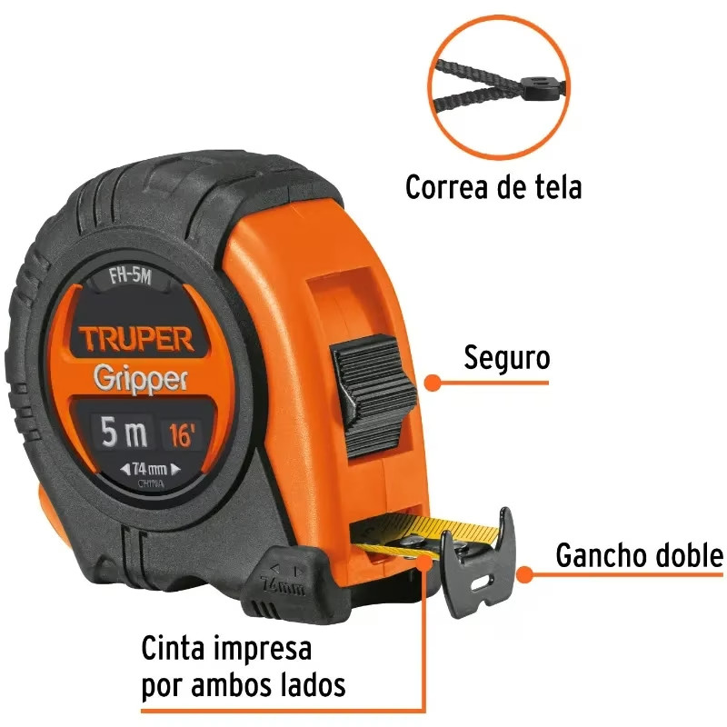 Wincha Flexometro Gripper 5 Metros, contra impacto TPR, carcasa ABS, FH-5M 14578 Truper