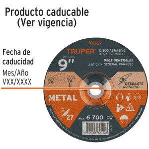Discos Desbaste 9" x6.4mm Metal Tipo 27, Centro 7/8", Oxido de Aluminio, ABT-779 10667 Truper