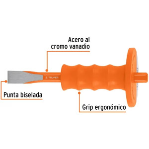 Cincel Plano 8" Cuña 3/4" con Grip, acero al cromo vanadio, protege la mano, C-3/4X8G 12278 Truper