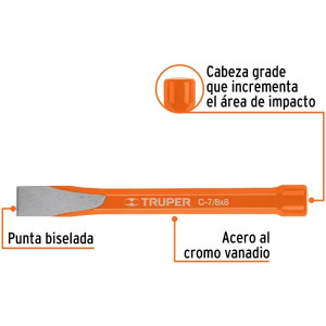 Cincel Plano 8" Cuña 7/8", Acero al cromo Vanadio, Cabeza grande, C-7/8X8 12151 Truper