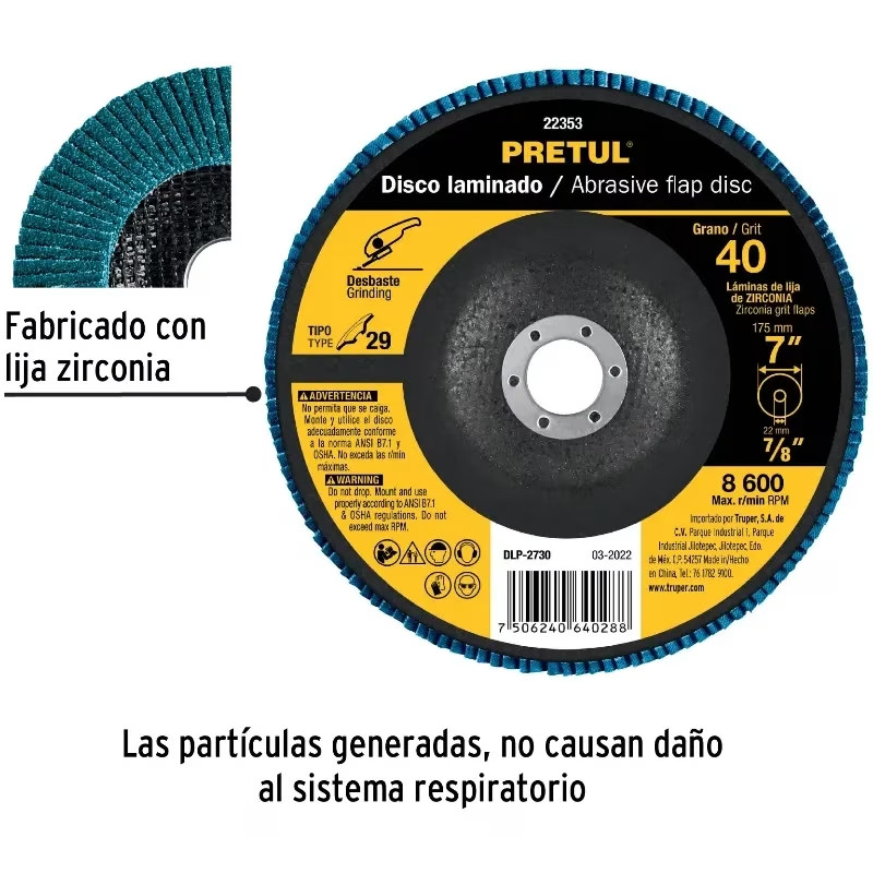 Discos Flap Discs Laminado 7" G40 Lija de Zirconia, DLP-2730 22353 Pretul