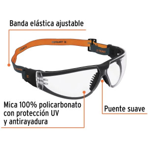 Lentes de seguridad transparente con banda elastica UV Active, Truper 15304