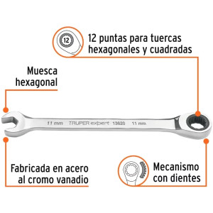 Llave Boca Mixta Ratchet 11mm ACrVanadio Truper 13620
