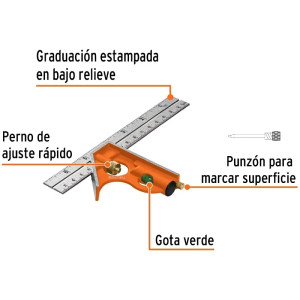 Escuadra de Combinacion 6", Acero Inoxidable, Para Angulos de 45 y 90 Grados, ECT-6 14369 Truper