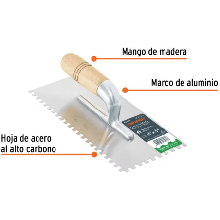 Plancha de Empastar Dentada 11 x 5 Pulgadas, Uso Profesional, 6 Remaches Mango de Madera, LLM-6C 15410 Truper
