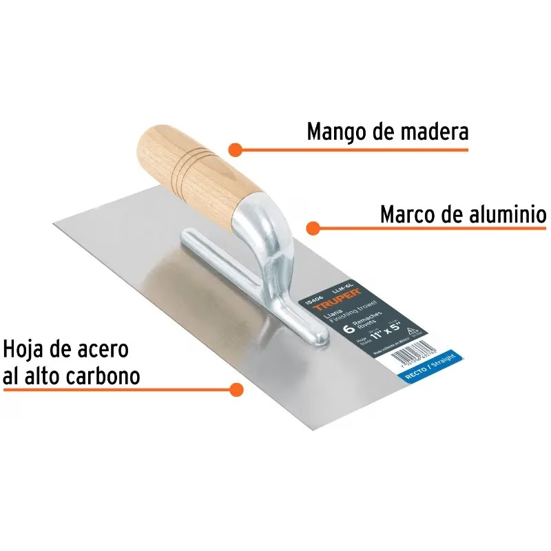 Plancha de Empastar Lisas 11 x 5 Pulgadas, Uso Profesional, 6 Remaches Mango de Madera, LLM-6L 15406 Truper