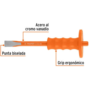 Cincel Plano 10" Cuña 3/4" con Grip, acero al cromo vanadio, protege la mano, C-3/4X10G 12275 Truper