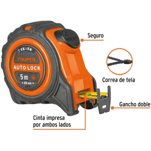 Wincha Flexometro Auto-Lock 5M con TPR, cinta medicion ambos lados, carcasa ABS, FA-5M 10747 Truper