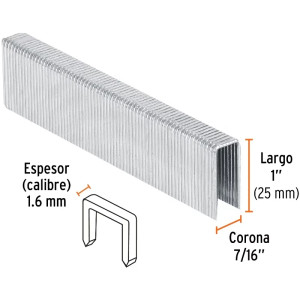 Grapas Corona 7/16" Calibre 16 L25mm Engrapadora Neumatica C1000u Truper 13321