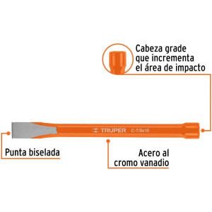 Cincel Plano 10" Cuña 7/8", Acero al cromo Vanadio, Cabeza grande, C-7/8X10 12154 Truper