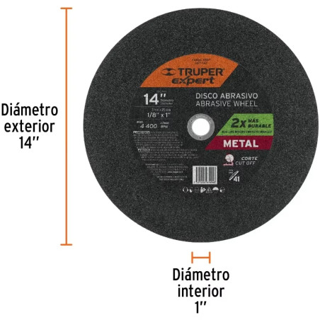 Discos Corte Metal 14" 355.6x2.8mm C1" T41 Chop Saw, Oxido de Alumino, ABT-742 11567 Truper