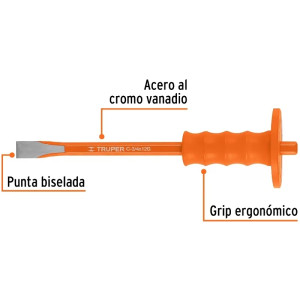 Cincel Plano 12" Cuña 3/4" Grip , acero al cromo vanadio, protege la mano, C-3/4X12G 12172 Truper