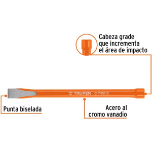 Cincel Plano 12" Cuña 7/8", Acero al cromo Vanadio, Cabeza grande, C-7/8X12 12157 Truper