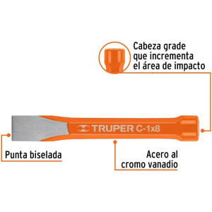 Cincel Plano 8" Cuña 1", Acero al cromo Vanadio, Cabeza grande, C-1X8 12160 Truper