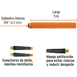 Manguera para compresor de Alta Presion de PVC 1/4" Conector Movil 5 m, MAN-PI-5-1/4 19013 Truper