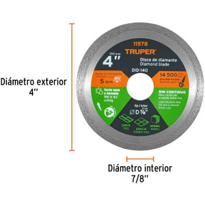 Discos Diamantados 4" continuos Fino 1.6mm, DDT-802C 11578 Truper
