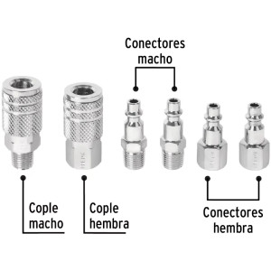 Juego de Acoples y Conectores de Acero Cromado 6 Piezas, Cuerda 1/4 NPT, CORAL-6P 27030 Pretul