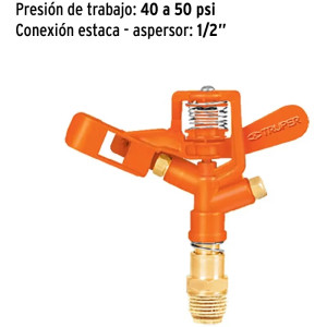 Aspersor Metalico Cabeza Sola Doble Chorro, Altura Ajustable Entrada 1/2", Alcance 10.4m, Area 360, 50 PSI, Truper 10324