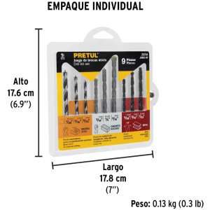 Juego de 9 Brocas para metal de Alta Velocidad Turbo Steel, Concreto y Madera, JBMX-9P 20704 Pretul