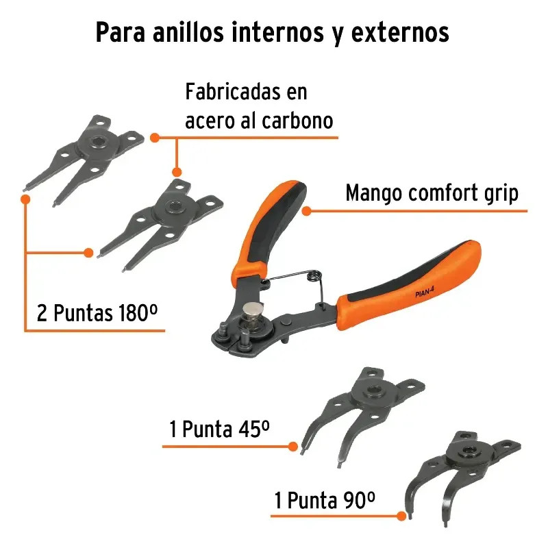 Alicate para Anillo Retención 4 Cabezas Intercambiables 6", Truper 17355