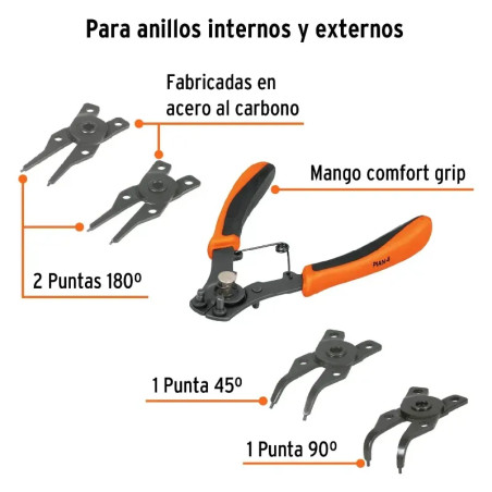 Alicate para Anillo Retención 4 Cabezas Intercambiables 6", Truper 17355