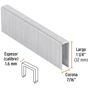 Grapas Corona 7/16" Calibre 16 L32mm Engrapadora Neumatica C1000u Truper 13334
