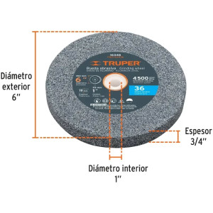 Piedra para Esmeril 152 x19x25.4mm Grano 36, Incluye Adaptador, Oxido de Aluminio, PIES-63436 16348 Truper