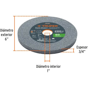 Piedra para Esmeril 152 x19x25.4mm Grano 60, Incluye Adaptador, Oxido de Aluminio, PIES-63460 16349 Truper