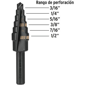 Brocas Escalonada HSS 6 Escalones 3/16"-1/2" x60mm, Truper 12120