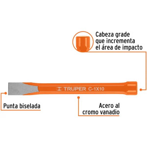 Cincel Plano 10" Cuña 1", Acero al cromo Vanadio, Cabeza grande, C-1X10 12163 Truper