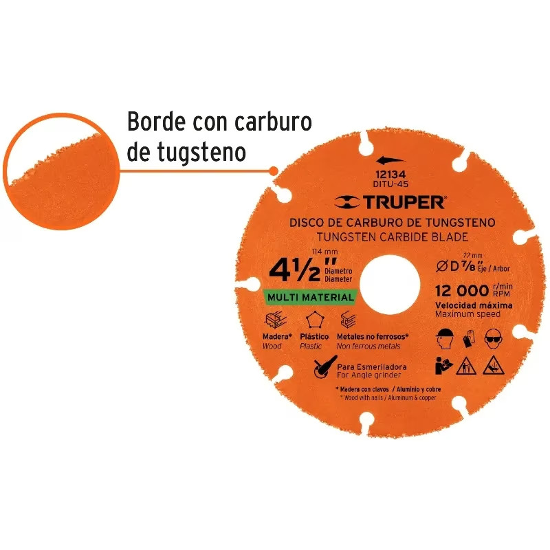 Discos de Corte carburo de Tungsteno 4-1/2" x1.2mm MultiMaterial D7/8, Truper 12134