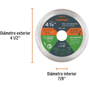Discos Diamantados 4 1/2" continuos Fino, 1.7mm, DDT-1549C 12977 Truper