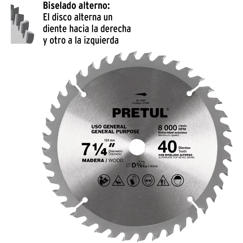 Discos sierras 7-1/4" 40Dientes C5/8", para madera, Pretul 27056