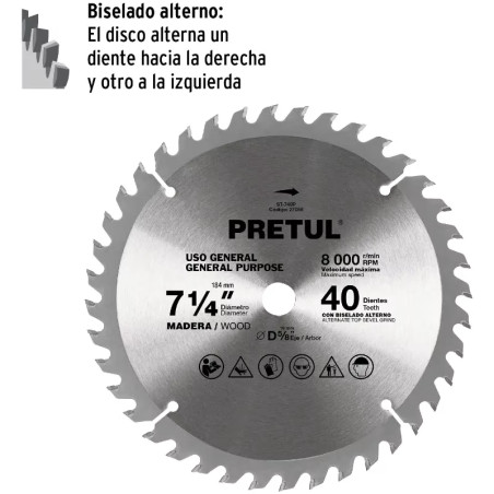 Discos sierras 7-1/4" 40Dientes C5/8", para madera, Pretul 27056