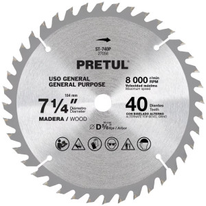 Discos sierras 7-1/4" 40Dientes C5/8", para madera, Pretul 27056