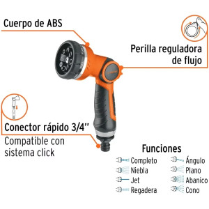 Pistola de Riego 8 Funciones Plastica, Perilla Reguladora de Flujo Truper 17479
