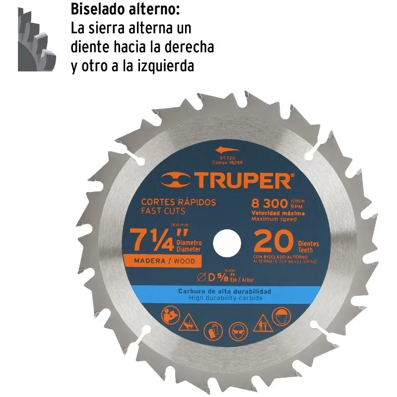 Discos Sierra para Madera 7 1/4" Centro 5/8", 20 Dientes de carburo de tungsteno, ST-720 18299 Truper