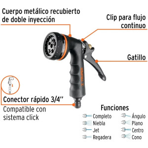 Pistola de Riego 8 Funciones Metalica Resorte inoxidable, Clip par Flujo continuo, PR-208 18477 Truper