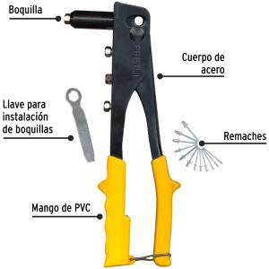 Remachadora 4 Boquillas intercambiable 3/32 1/8 5/32 3/16 Pulgadas Largo 10" incluye llave y Remache, RE-10PX 22851 Pretul